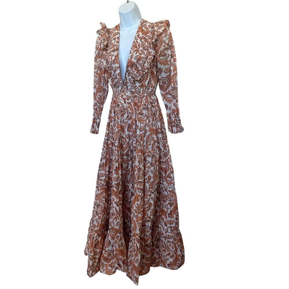 Maje Brown Floral Peasant Maxi Dress Size 0 Prairie Ruffle Designer Cottage $535 - Picture 11 of 13